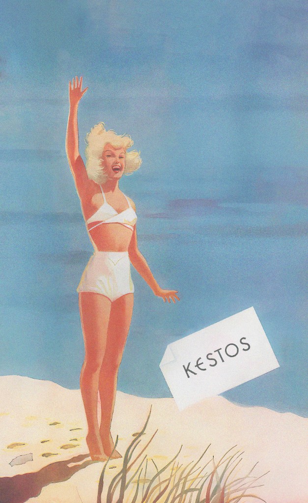 Kestos original 1920s advertisement poster — woman in white swimsuit with KESTOS label
