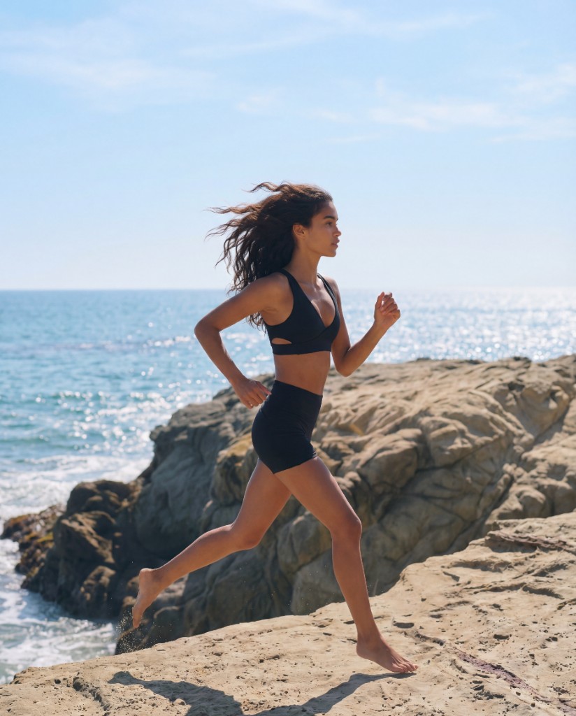 Woman running on beach at sunrise